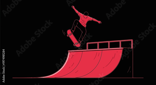 Dynamic Skateboarder Executes A High-Flying Trick Over A Bright Red Ramp