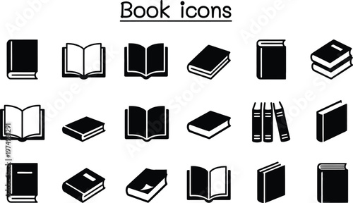 A set of vector book icons in various styles and formats for design use