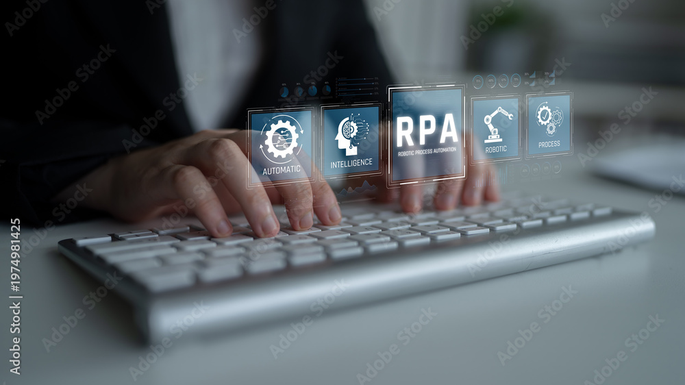 Obraz premium Business Professional Engaging with Robotic Process Automation Interface on Computer Keyboard with Futuristic Icons and Digital Elements Sigmoid