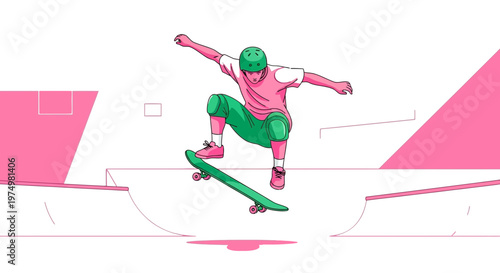 Dynamic Skateboarder Executes Aerial Trick in Vibrant Skatepark Graphic