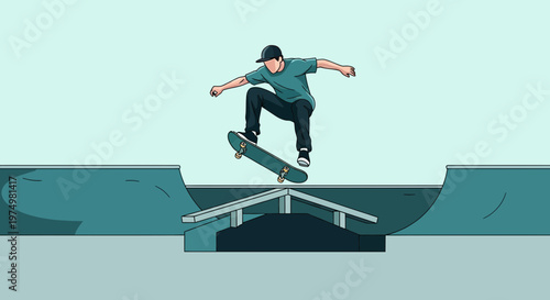 Dynamic Skateboarder Executes Aerial Trick Mid-Air Above Skatepark Obstacle
