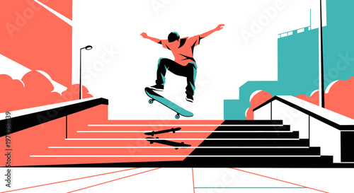 Dynamic Skateboarder Executes Aerial Trick Mid-Air in Urban Environment