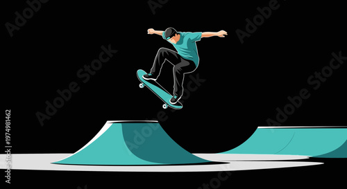 Dynamic Skateboarder Executes Aerial Trick Over Cyan Ramps Minimalist Design