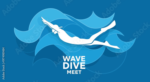 Dynamic Silhouette Diver Navigating Stylized Blue Waves And Text
