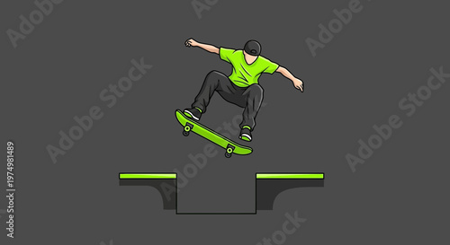 Dynamic Skateboarder Executes Aerial Trick Over Obstacle In Motion Graphic