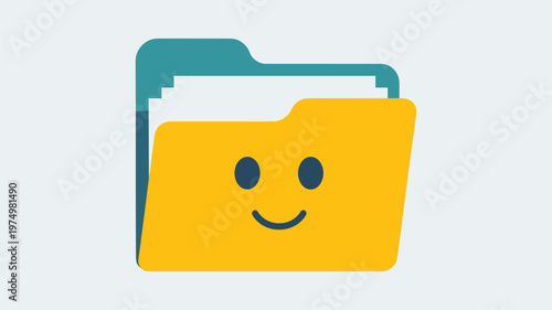 Yellow folder with happy face and teal tab on light gray keywords background file document