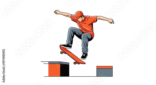 Dynamic Skateboarder Executes Aerial Trick Over Obstacles