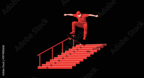 Dynamic Skateboarder Executes Extreme Grind On Red Staircase