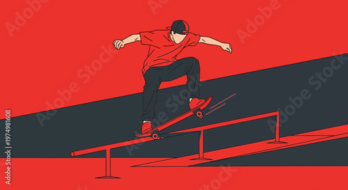 Dynamic Skateboarder Executes Grinding Trick on Rails Vibrant Graphic