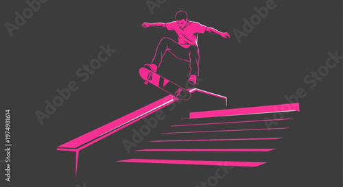 Dynamic Skateboarder Executes Grinding Trick On Pink Railing
