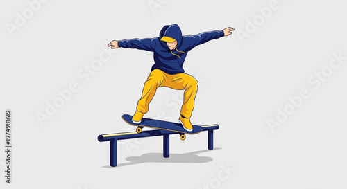 Dynamic Skateboarder Executes Grinding Trick on Rail