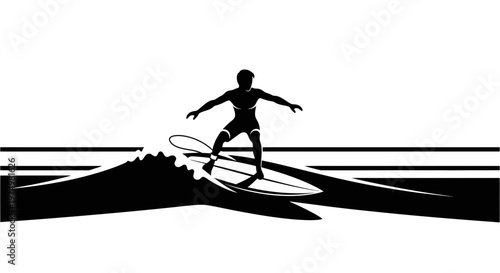 Dynamic Silhouette Surfer Riding Wave Stylized Graphic Art Design