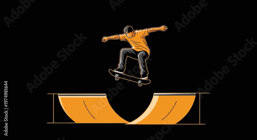 Dynamic Skateboarder Executes Mid-Air Trick Over Half-Pipe Ramps