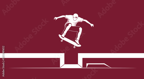 Dynamic Skateboarder Executes Mid-Air Jump Over Obstacle