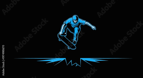 Dynamic Skateboarder Executes Mid-Air Trick With Bold Blue Accents