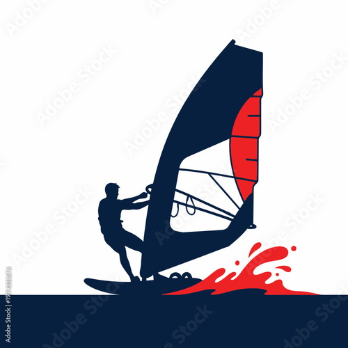 Dynamic Silhouette Windsurfer Riding Waves With Vibrant Splash
