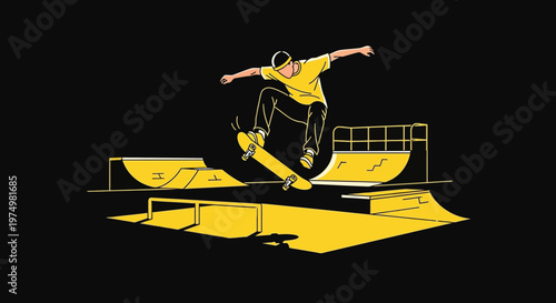 Dynamic Skateboarder Executes Mid-Air Trick Over Yellow Ramps