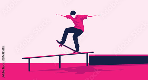 Dynamic Skateboarder Executes Rail Grind In Stylized Graphic Art