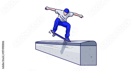 Dynamic Skateboarder Executes Trick On Concrete Rail Street Art Style
