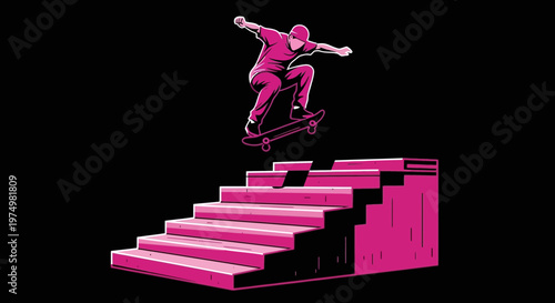 Dynamic Skateboarder Captures Extreme Stair Jump In Vibrant Graphic Style