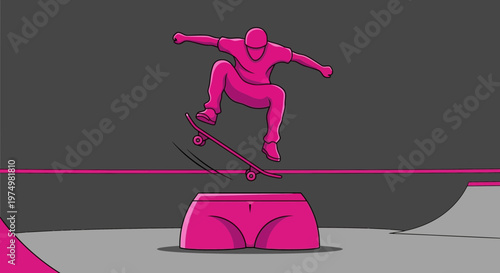 Dynamic Skateboarder Captures Extreme Aerial Trick Over Vibrant Pink Obstacle