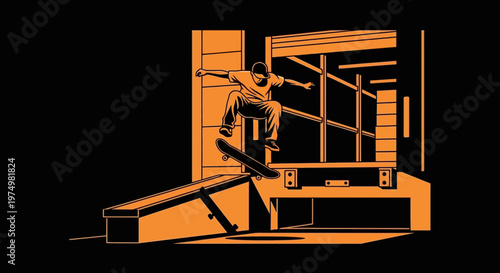 Dynamic Skateboarder Captures Aerial Trick In Stark Orange Graphic Style