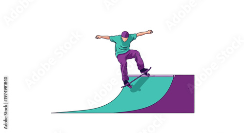Dynamic Skateboarder Executes Trick On Vibrant Halfpipe Illustration