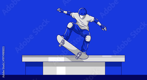 Dynamic Skateboarder Executes Trick Over Rail With Bold Blue Background