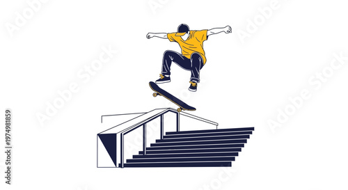 Dynamic Skateboarder Captures Mid-Air Trick Over Urban Stairs Ramp Style