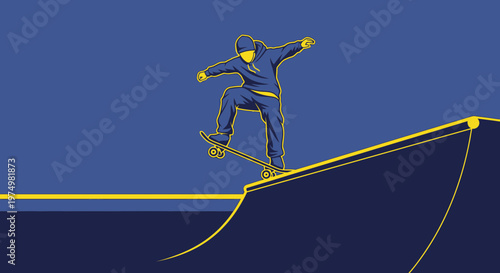 Dynamic Skateboarder Performing Tricks on a Ramp in Minimalist Style