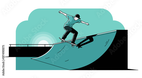 Dynamic Skateboarder Performing Tricks On Ramp With Sunset Silhouette Background