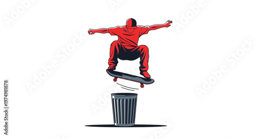 Dynamic Skateboarder Executes Trick Over Trash Can Illustration