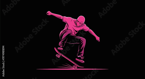 Dynamic Skateboarder Captures Thrilling Aerial Jump in Vibrant Neon Style