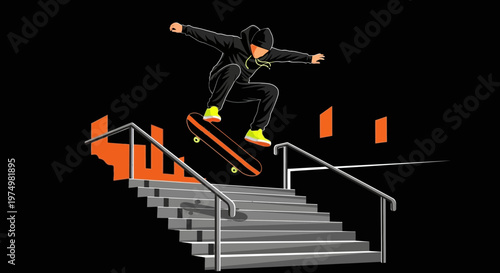 Dynamic Skateboarder Executes Trick Over Stairs