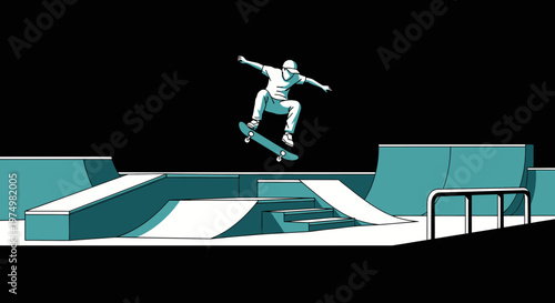 Dynamic Skateboarder Performs Aerial Trick Over Skatepark Ramp