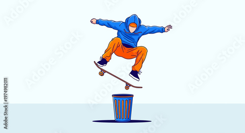 Dynamic Skateboarder Performs Aerial Trick Over Trash Can
