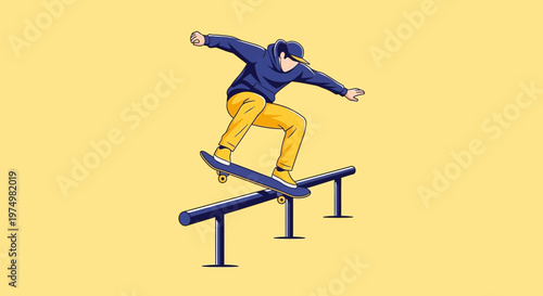 Dynamic Skateboarder Grinding On Rail With Energetic Pose