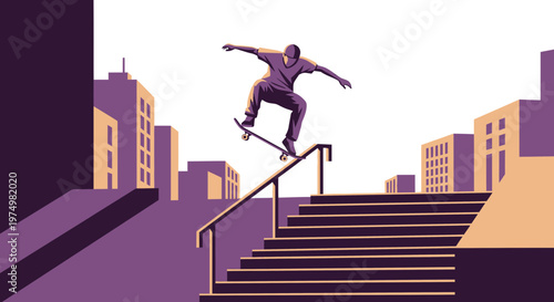 Dynamic Skateboarder Grinding Rail Mid-Air Amidst Cityscape