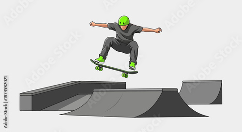 Dynamic Skateboarder Performs Aerial Trick Over Skate Park Ramps