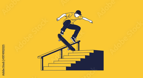 Dynamic Skateboarder Grinds Down Stairs In Bold Graphic Style