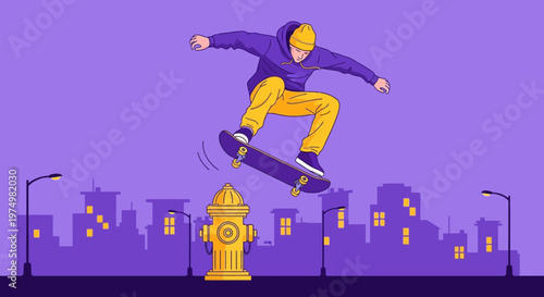 Dynamic Skateboarder Performs Aerial Trick Over Urban Fire Hydrant