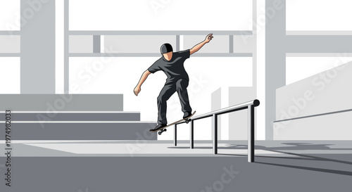 Dynamic Skateboarder Grinding Rail In Urban Environment