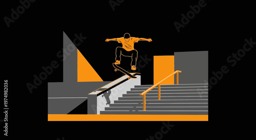 Dynamic Skateboarder Grinds Down Stair Railing Action Shot Minimalist Design