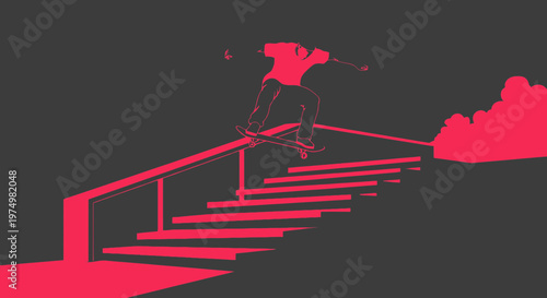 Dynamic Skateboarder Grinds Down Stairs In Bold Red Graphic Style