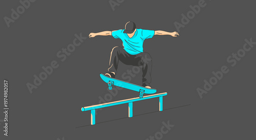 Dynamic Skateboarder Grinds On Rail With Bold Illustration Style