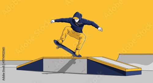Dynamic Skateboarder Grinds on Ramp In Bright Urban Skatepark Scene