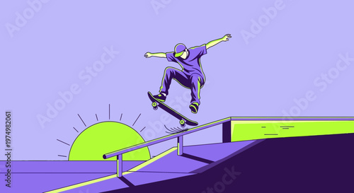 Dynamic Skateboarder Grinds Rail Against Vibrant Sunrise Sky