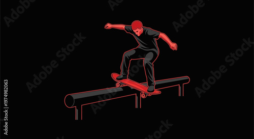 Dynamic Skateboarder Grinds Rail With Intense Focus And Athleticism