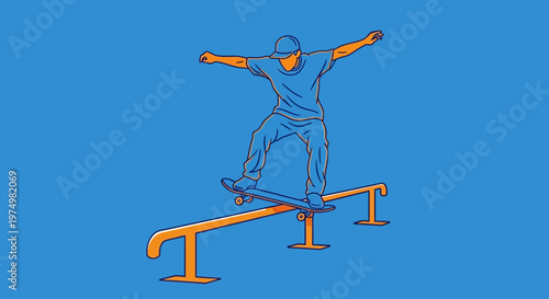 Dynamic Skateboarder Grinds Rail With Arms Outspread