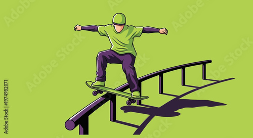 Dynamic Skateboarder Grinds Rail With Balance And Skill